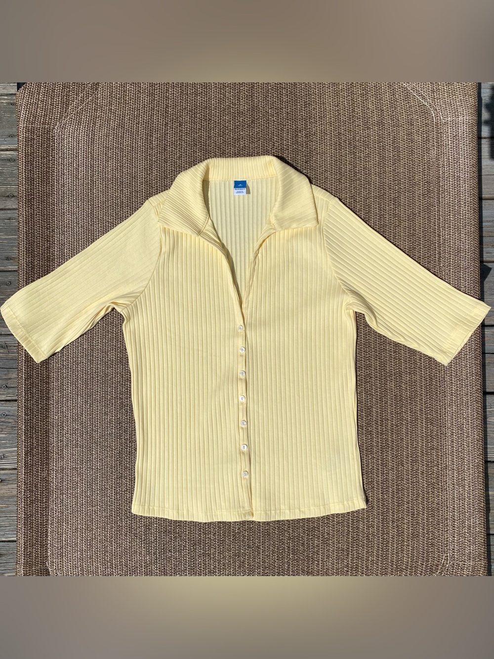 Old Navy Sweet Butter Yellow Ribbed Button Front Polo Top M Tall
